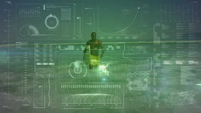 Animation of data processing over fit man holding surfboard in sea