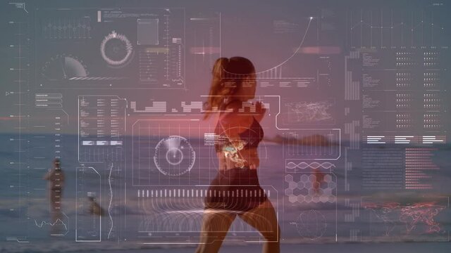 Animation of scope scanning and data processing over fit woman running by seaside