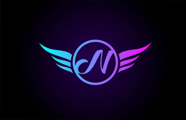 N blue pink wings alphabet letter icon design with wing template and grey color