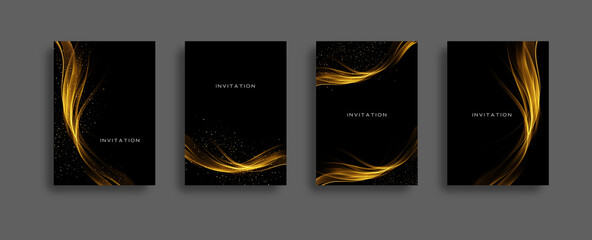 Abstract shiny color golden wave design element with glitter effect on dark background, invitation set