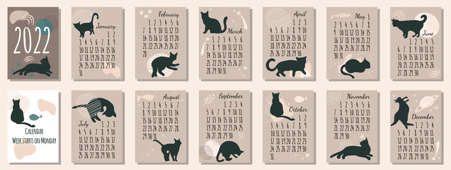 Calendar 2022 with black cat.Cute hand drawn kittens in boho style.Template in size A4 A3 A5.Vertical format. Week starts on Monday.Abstract stains and astrology.Set of 12 sketch animals.New year card