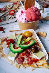 Sweet or savory crepes on the marble table