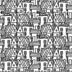 Doodle houses vector background. Lovely hand-drawn houses in doodle style. Black and white background. For the design of children's fabrics, textiles, clothing, wrapping paper, children's room.