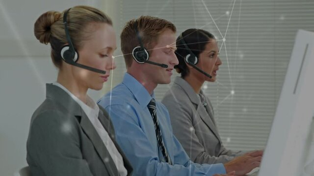 Animation of network of connections over business people wearing phone headsets