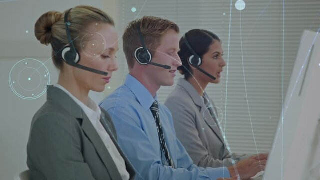 Animation of network of connections over business people wearing phone headsets
