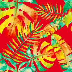 Watercolor seamless pattern with colorful abstract tropical leaves. Bright summer print with exotic plants. Creative trendy botanical textile design.	