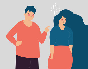 Obraz premium Man blames a woman and points his finger at her. Wife Feeling sad, stressed, abused, nervous because of her husband harassment. mental disorder issues, couple domestic violence, stop bullying concept.