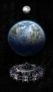 Spaceship close to Earth and Moon