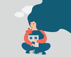 Woman hugs and embraces her home with care and love. Mother with long hair protects her house. Motherhood, children, positive parenting, stay home, housewife, family support Concept. Flat vector style