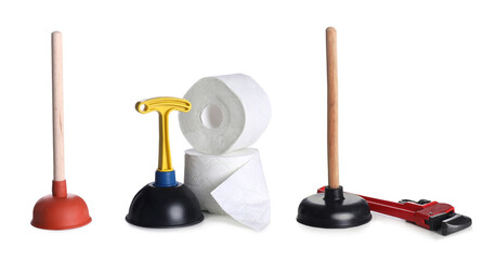 Set with different plungers on white background. Banner design