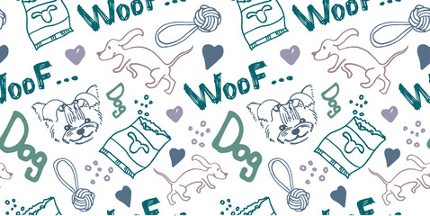 seamless doodle pattern with dogs, footprints and other items on the topic of a puppy, grooming, veterinary medicine. A pattern with fashionable colors about a pet