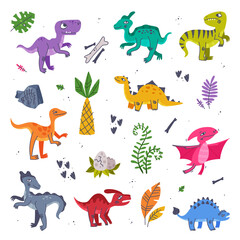 Funny Dinosaurs as Cute Prehistoric Creature and Comic Jurassic Predator Vector Set