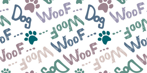 seamless doodle drawing with the word woof and dog. A pattern on the topic of a puppy, grooming, veterinary medicine. A pattern with fashionable colors about a pet - obrazy, fototapety, plakaty