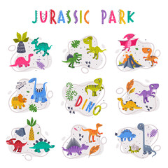 Jurassic Park Composition with Funny Dinosaurs as Cute Prehistoric Creature and Comic Predator Vector Set