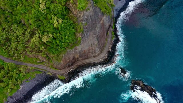 4K drone video tropical paradise adventure landscape of lush jungle and beautiful ocean waves