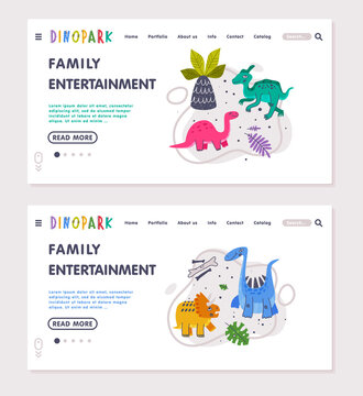 Family Entertainment Landing Page with Funny Dinosaurs as Cute Prehistoric Creature and Comic Jurassic Predator Vector Template
