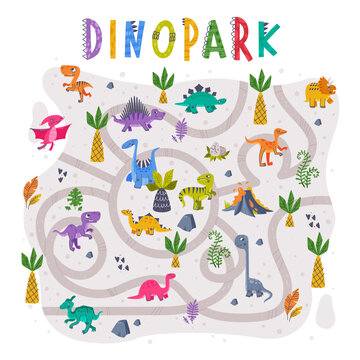 Dino Park Labyrinth or Maze Game with Funny Dinosaurs and Twisted Path Vector Set