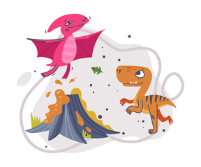 Jurassic Park Composition with Funny Dinosaurs as Cute Prehistoric Creature and Comic Predator Vector Illustration