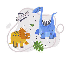 Jurassic Park Composition with Funny Dinosaurs as Cute Prehistoric Creature and Comic Predator Vector Illustration