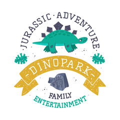Dino Island and Dino Park Family Entertainment Emblem with Funny Dinosaur as Cute Prehistoric Creature and Comic Jurassic Predator Vector Illustration