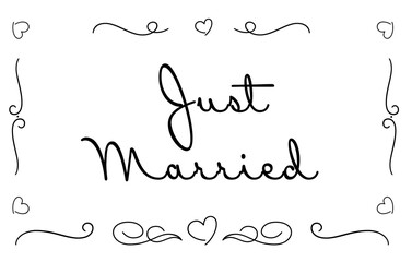 Text Just Married on white background. Wedding day
