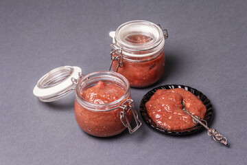 Chutney from rhubarb. Delicious food, traditional seasonal sauce