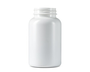 White plastic bottle, container or packer for Pills, tablets, drugs, vitamins. Medicine Concept for pharmacy store, hospital, doctor's office, disease, illness, sick. For Doctor prescription.