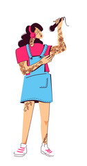 A tattooed woman in a denim sundress stands and sings into a microphone. Female vocalist, possibly a recording studio. Vector illustration in cartoon power isolated on white background