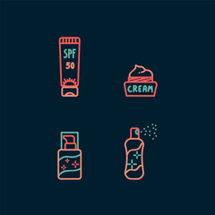 A set of colored icons with tools for makeup and facial care. Cosmetics, creams, tubes, masks, ointments for self-care. Linear icons collection for Spa salon. Vector illustration