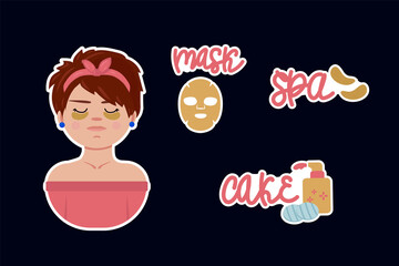 A set of Illustrations of a girl in a spa and tools for makeup and care. Care cosmetics, spa, mask, cream, jars, tubes, Doodle stickers. Vector illustration