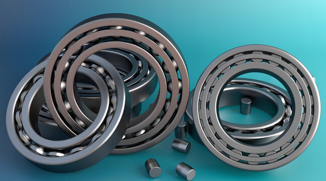 Abstract composition of bearings on a green background. 3d rendering.
