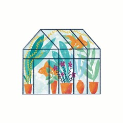 Illustrated painted editorial Goldfish fish swimming in lush greenhouse with tropical potted plants and flowers illustration