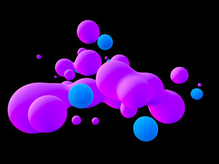 Abstract bright composition of purple and blue metaballs. 3d rendering.