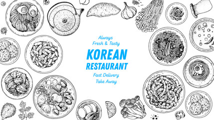 Korean food top view illustration. Hand drawn sketch. Take away menu design. Vector illustration.