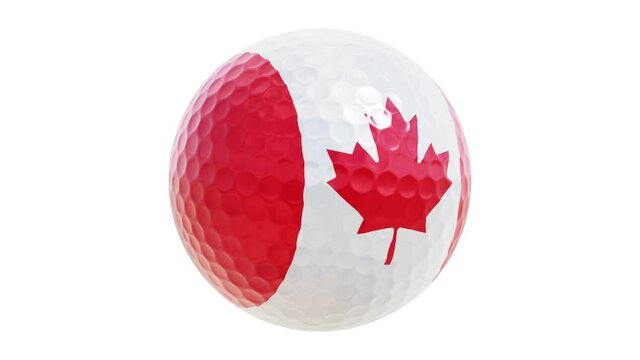 Realistic 3D animation of the spinning national flag of Canada golf ball rendered in UHD with alpha matte