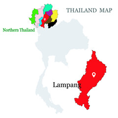 Maps of Northern Thailand with 9 Province, Chiang mai, Chiang rai, Phrae, Phayao, Lampang, Maehhongson, Uttaradit, Lamphun, Nan and focus on Lampang with red colour and white pin map