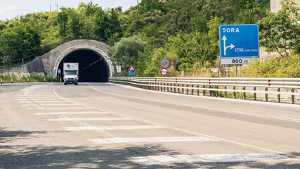 tunnel road along the Sora-Cassino road near Atina town in the Italian Lazio region - obrazy, fototapety, plakaty