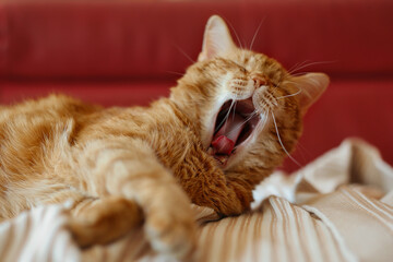 Yawning Ginger Tabby Cat on Sofa. Sleepy Orange Cat Indoors. Tired Red Domestic Animal on Couch.