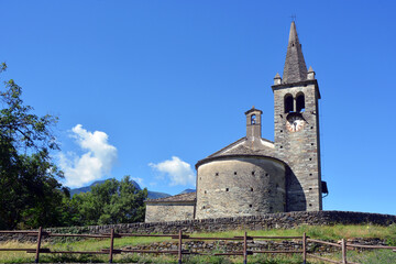 Saint Vincent, Aosta Valley, Italy-The small and antique Romanesque-style church in the village of...