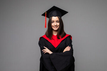Studio portrait of funny excited joyful student girl with graduation certificate. Happy academy,...