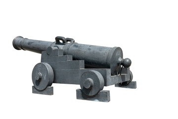 Ancient iron cannon on wheels isolated on white background