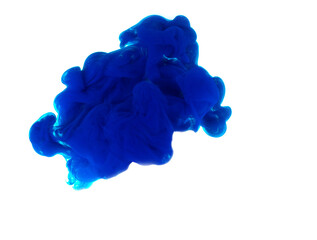 dissolving cloud of blue ink in water on a white background. copy space.