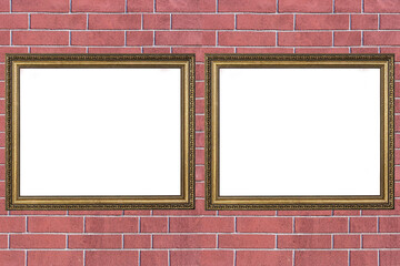 two wooden frames with a carved pattern for paintings on a brick wall background