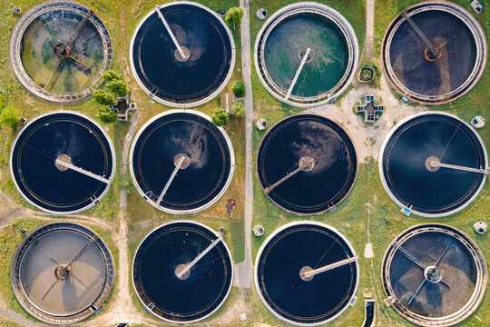 Aerial top view recirculation sedimentation tank, water treatment plant