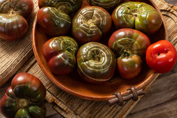 Organic tomatoes in a ceramic bowl. Organic farming or gardening concept.