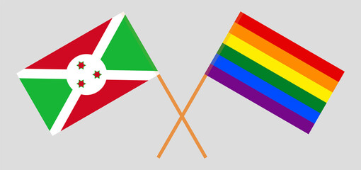 Crossed flags of Burundi and LGBTQ. Official colors. Correct proportion
