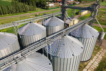Commercial grain silos and steel storage for agricultural harvest. Grain-drying complex outdoors
