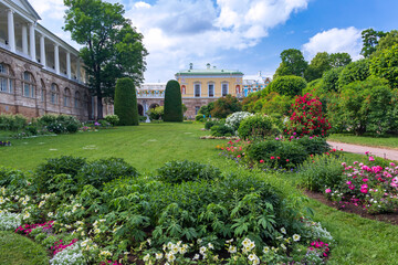 St.Petersburg, Russia - June, 27, 2021: Flower garden at the Catherine Palace in Pushkin (Tsarskoe...