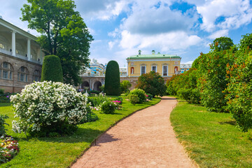 St.Petersburg, Russia - June, 27, 2021: Flower garden at the Catherine Palace in Pushkin (Tsarskoe...