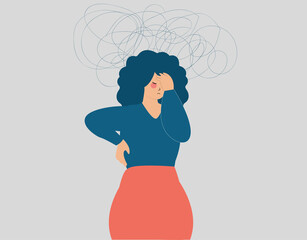 Woman has a panic attack and can't stand up. Girl suffers from chest pain due to shortness of breath. Female with mental health disorders feeling stressed, depressed and dizzy. Psychological problems.